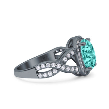 Infinity Twisted Shank Art Deco Oval Wedding Ring Black Tone, Simulated Paraiba Tourmaline CZ 925 Sterling Silver